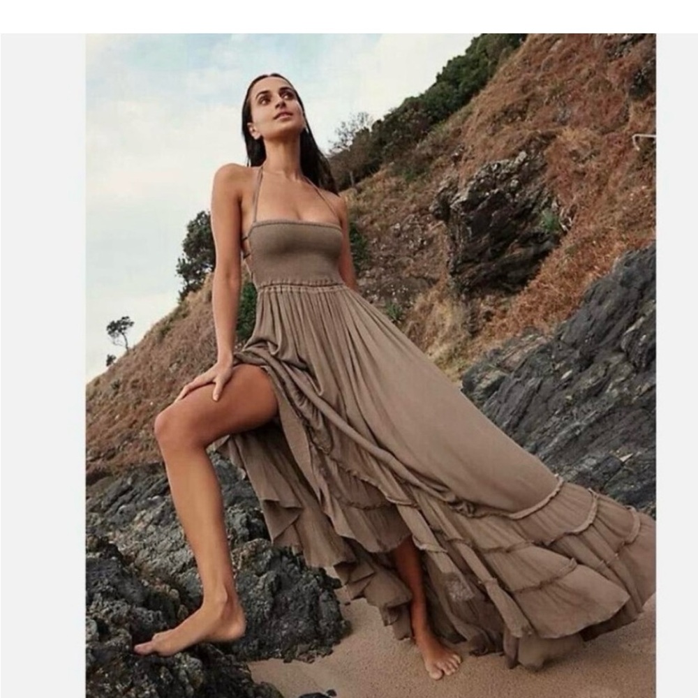 Strapless Taupe Maxi Dress with Ruffle Hem